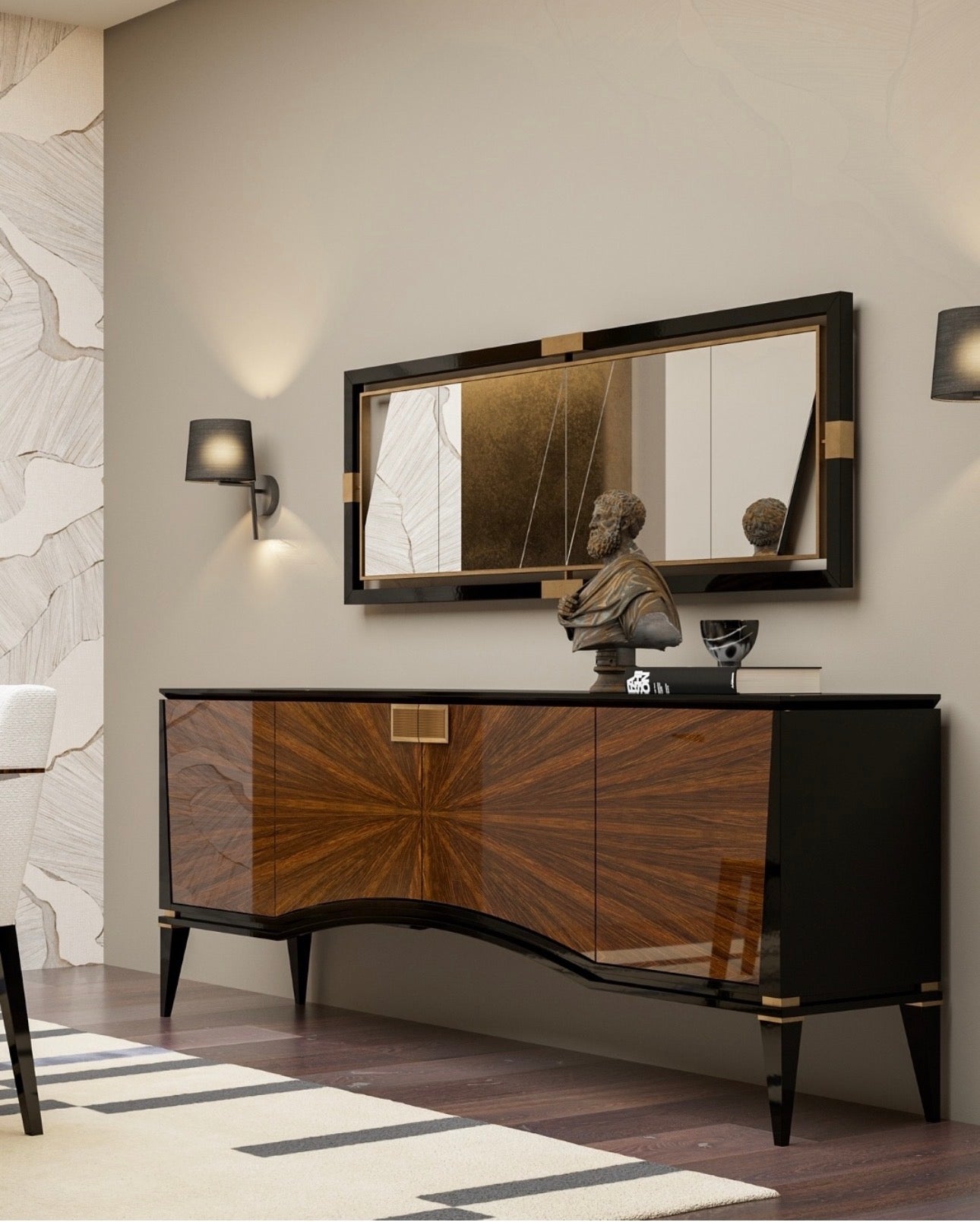 Smoke modern luxury furniture collection featuring neutral upholstery with dark accents in a contemporary interior setting.