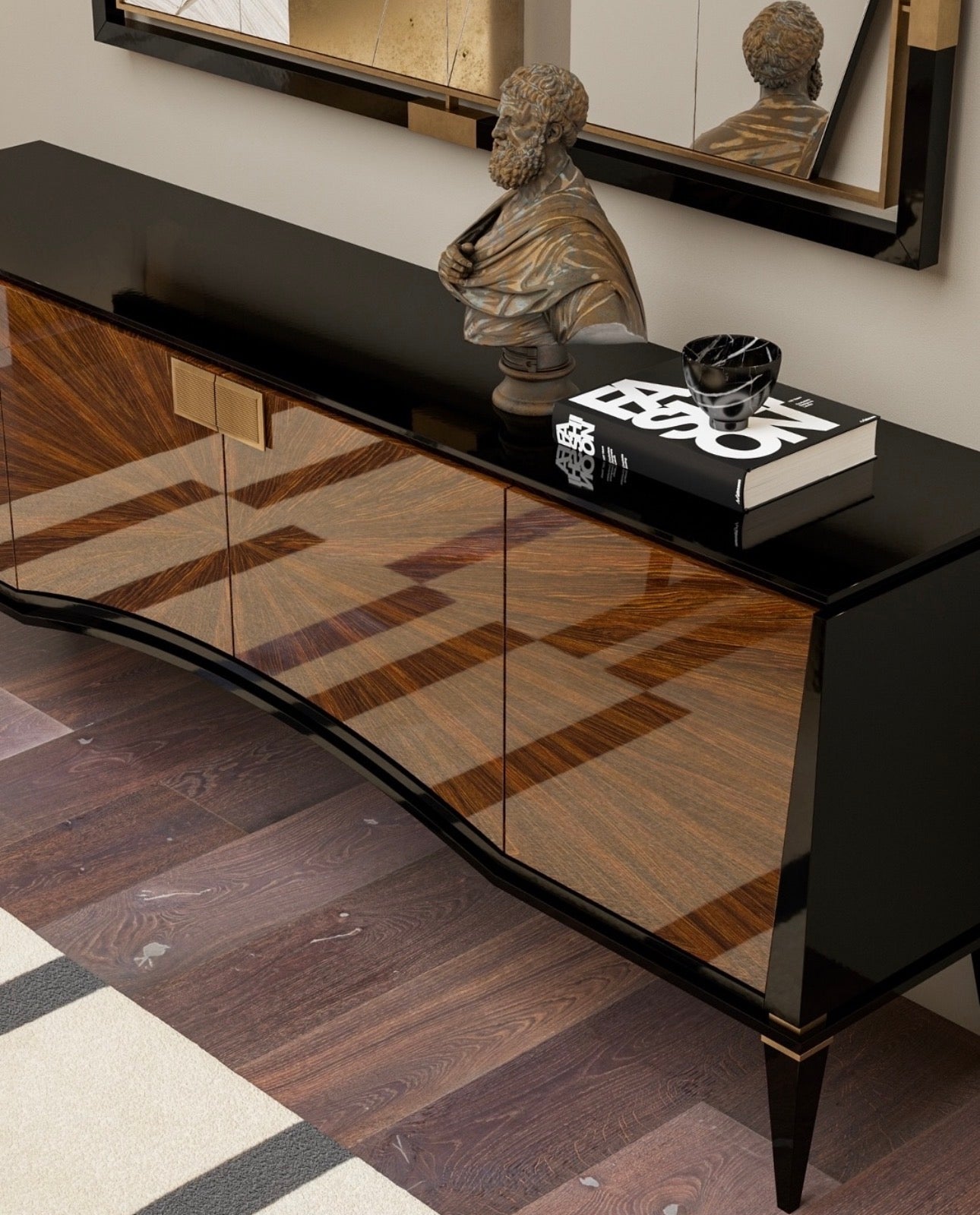 Smoke modern luxury furniture collection featuring neutral upholstery with dark accents in a contemporary interior setting.