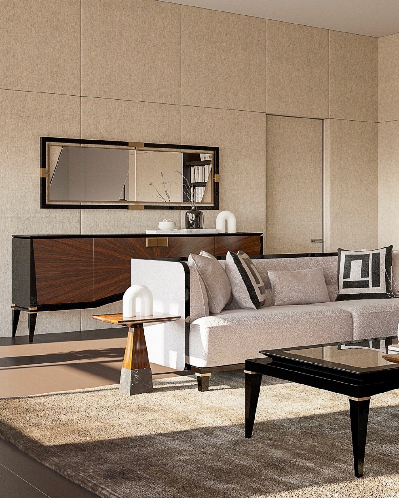 Smoke modern luxury furniture collection featuring neutral upholstery with dark accents in a contemporary interior setting.