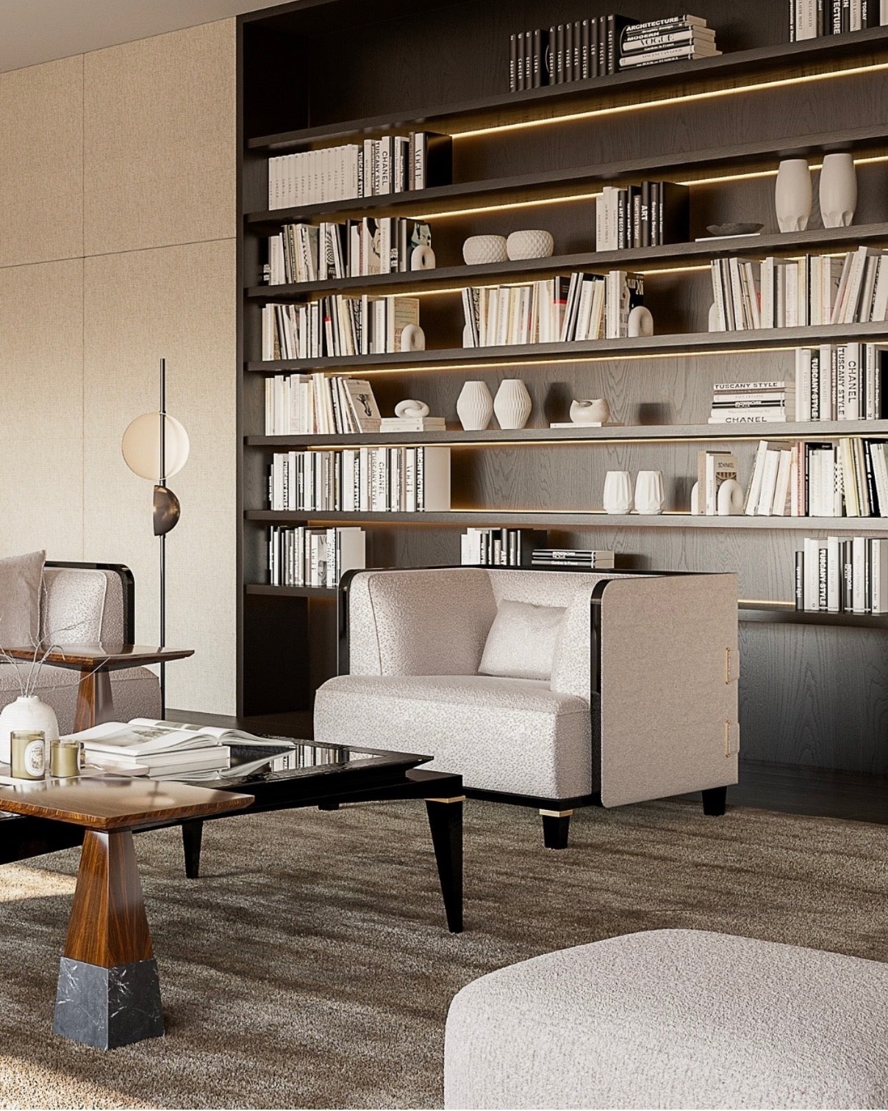 Smoke modern luxury furniture collection featuring neutral upholstery with dark accents in a contemporary interior setting.