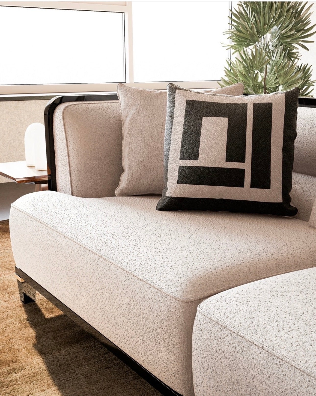 Smoke modern luxury furniture collection featuring neutral upholstery with dark accents in a contemporary interior setting.