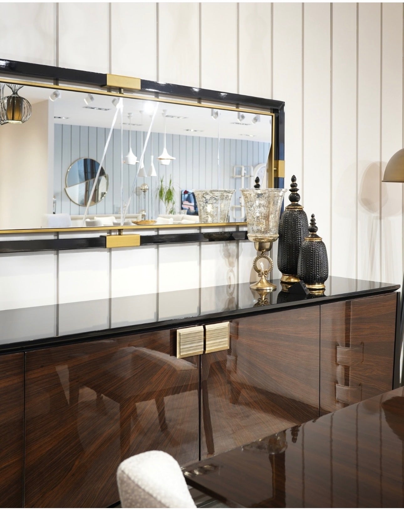 Smoke modern luxury furniture collection featuring neutral upholstery with dark accents in a contemporary interior setting.