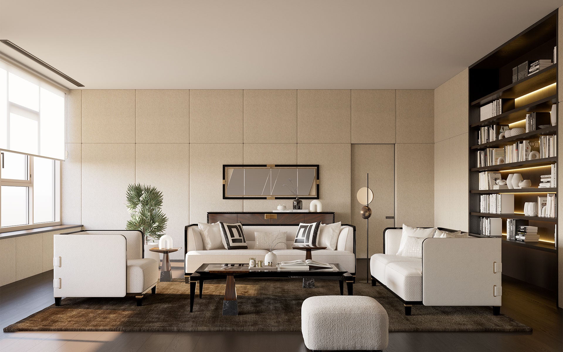 Smoke modern luxury furniture collection featuring neutral upholstery with dark accents in a contemporary interior setting.