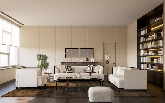 Smoke modern luxury furniture collection featuring neutral upholstery with dark accents in a contemporary interior setting.