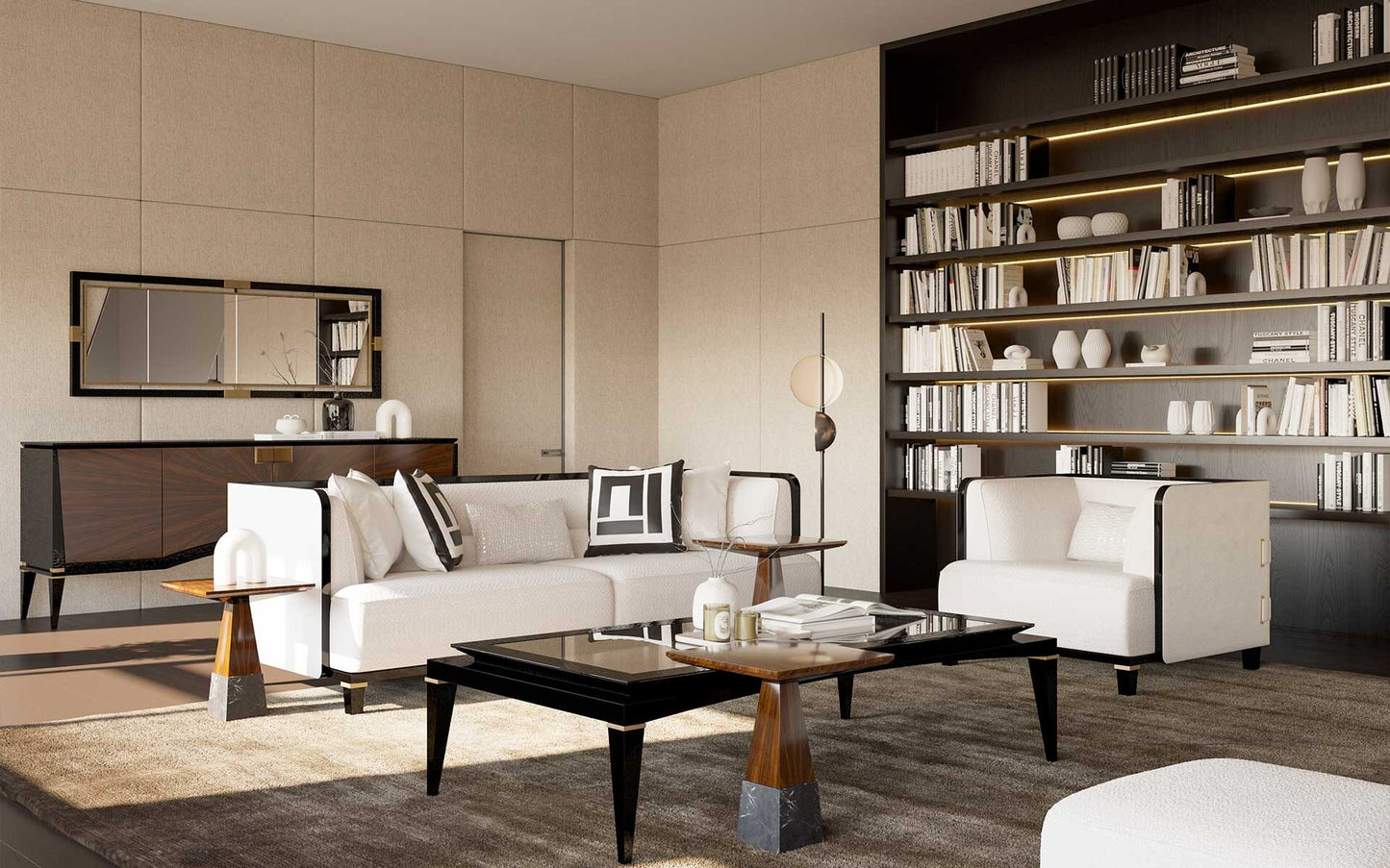 Smoke modern luxury furniture collection featuring neutral upholstery with dark accents in a contemporary interior setting.