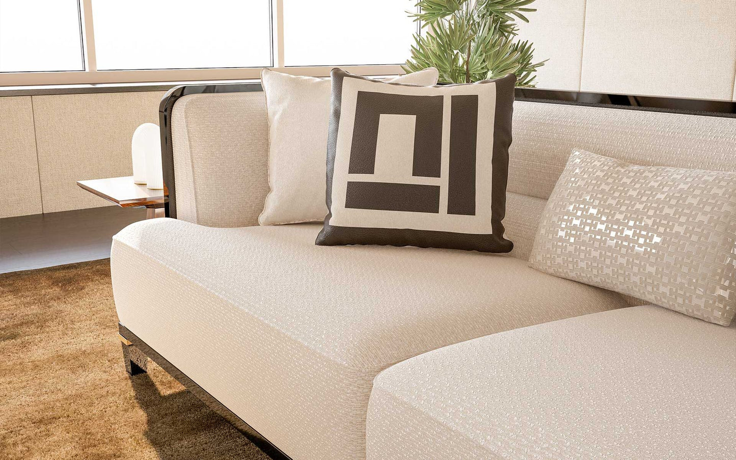 Smoke modern luxury furniture collection featuring neutral upholstery with dark accents in a contemporary interior setting.