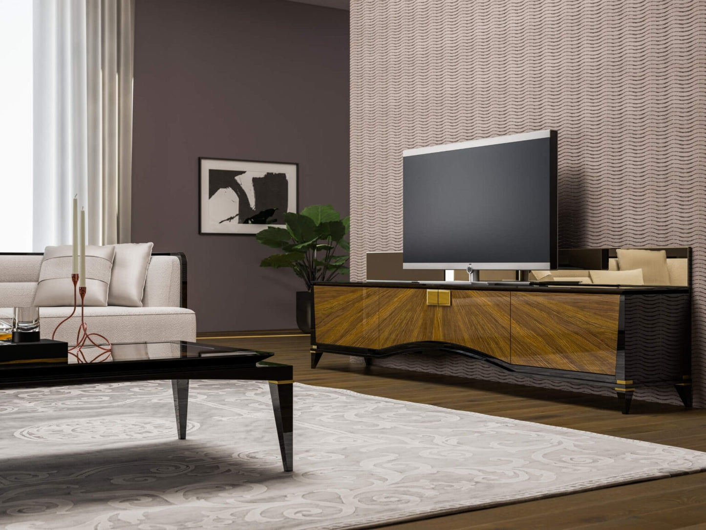Smoke modern luxury furniture collection featuring neutral upholstery with dark accents in a contemporary interior setting.