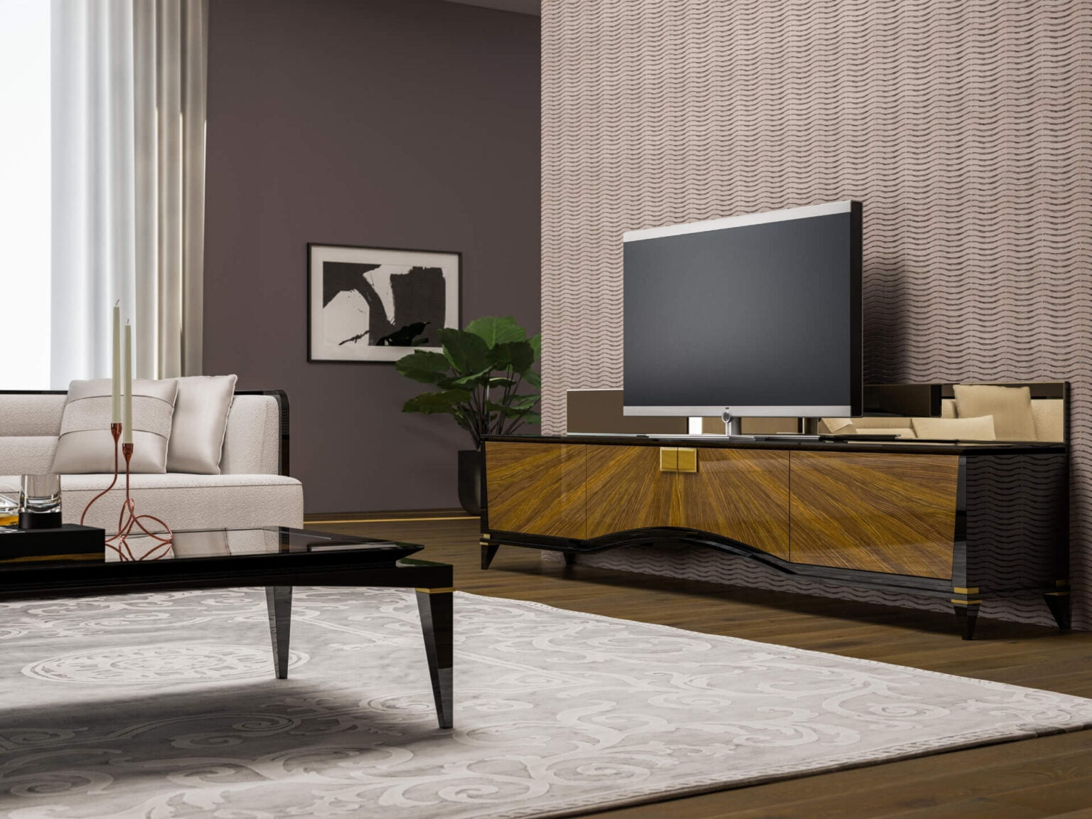 Smoke modern luxury furniture collection featuring neutral upholstery with dark accents in a contemporary interior setting.
