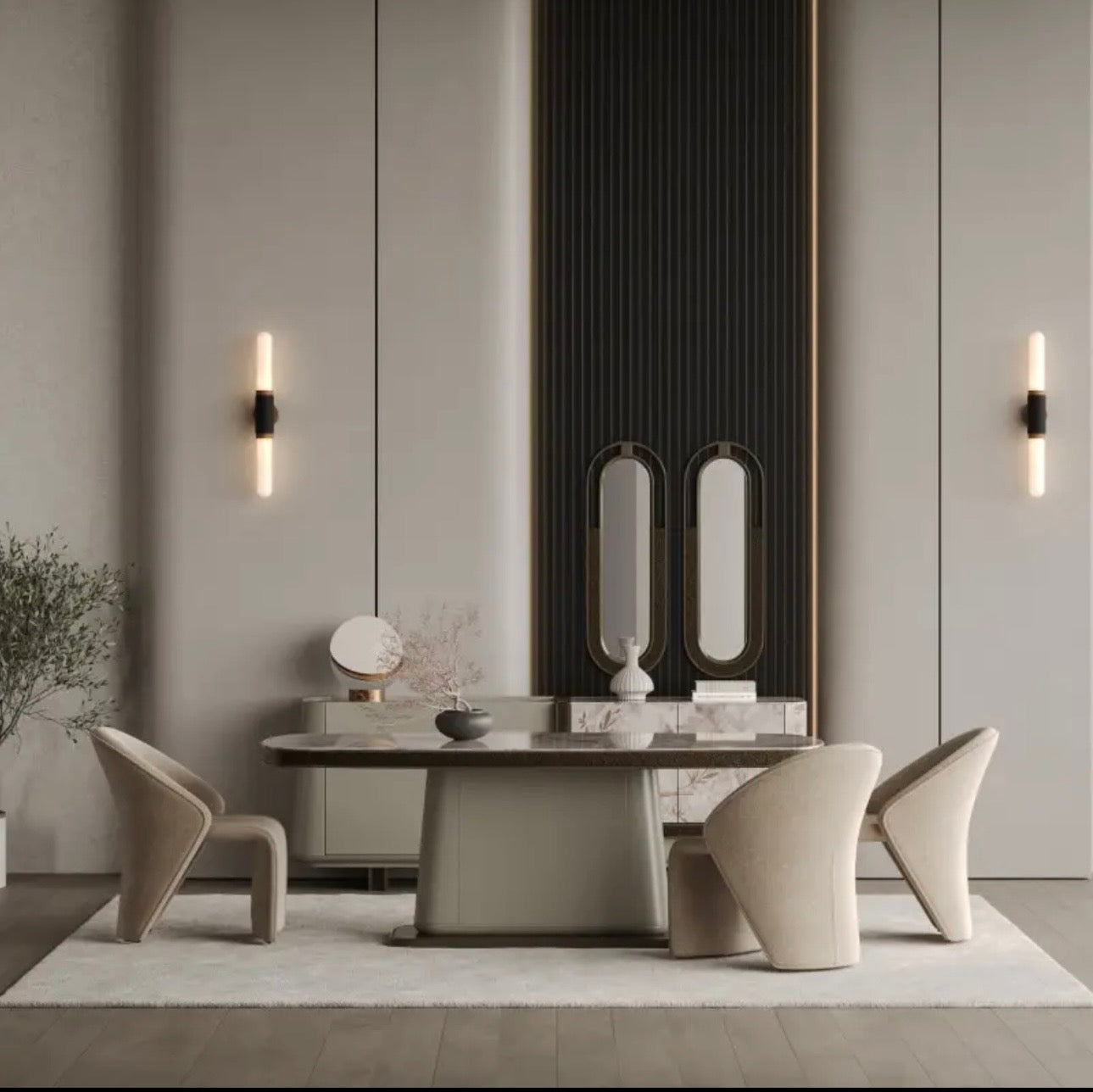 Encore luxury furniture collection featuring curved modern seating, marble console, contemporary dining table, and elegant bedroom design.