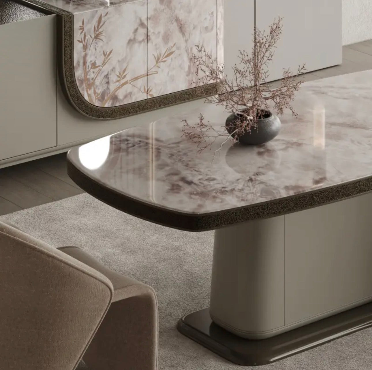 Encore luxury furniture collection featuring curved modern seating, marble console, contemporary dining table, and elegant bedroom design.