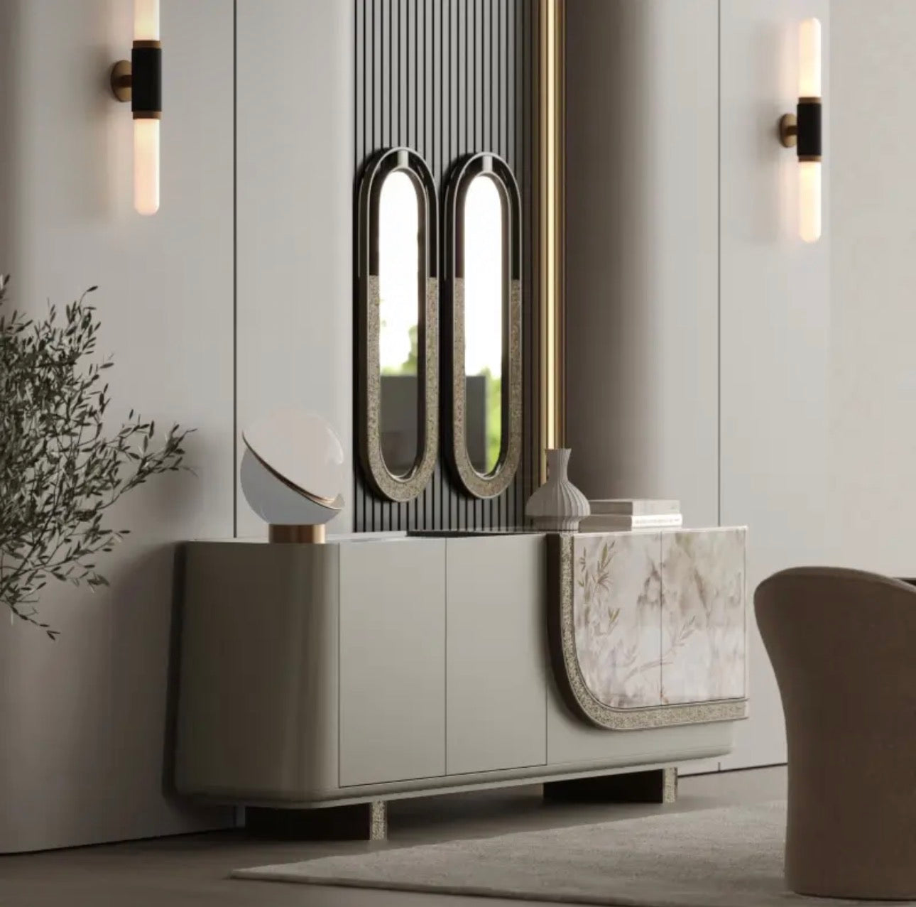 Encore luxury furniture collection featuring curved modern seating, marble console, contemporary dining table, and elegant bedroom design.