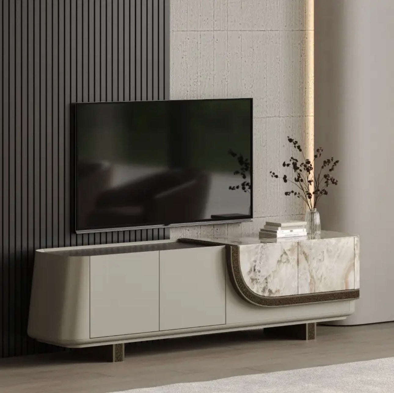 Encore luxury furniture collection featuring curved modern seating, marble console, contemporary dining table, and elegant bedroom design.