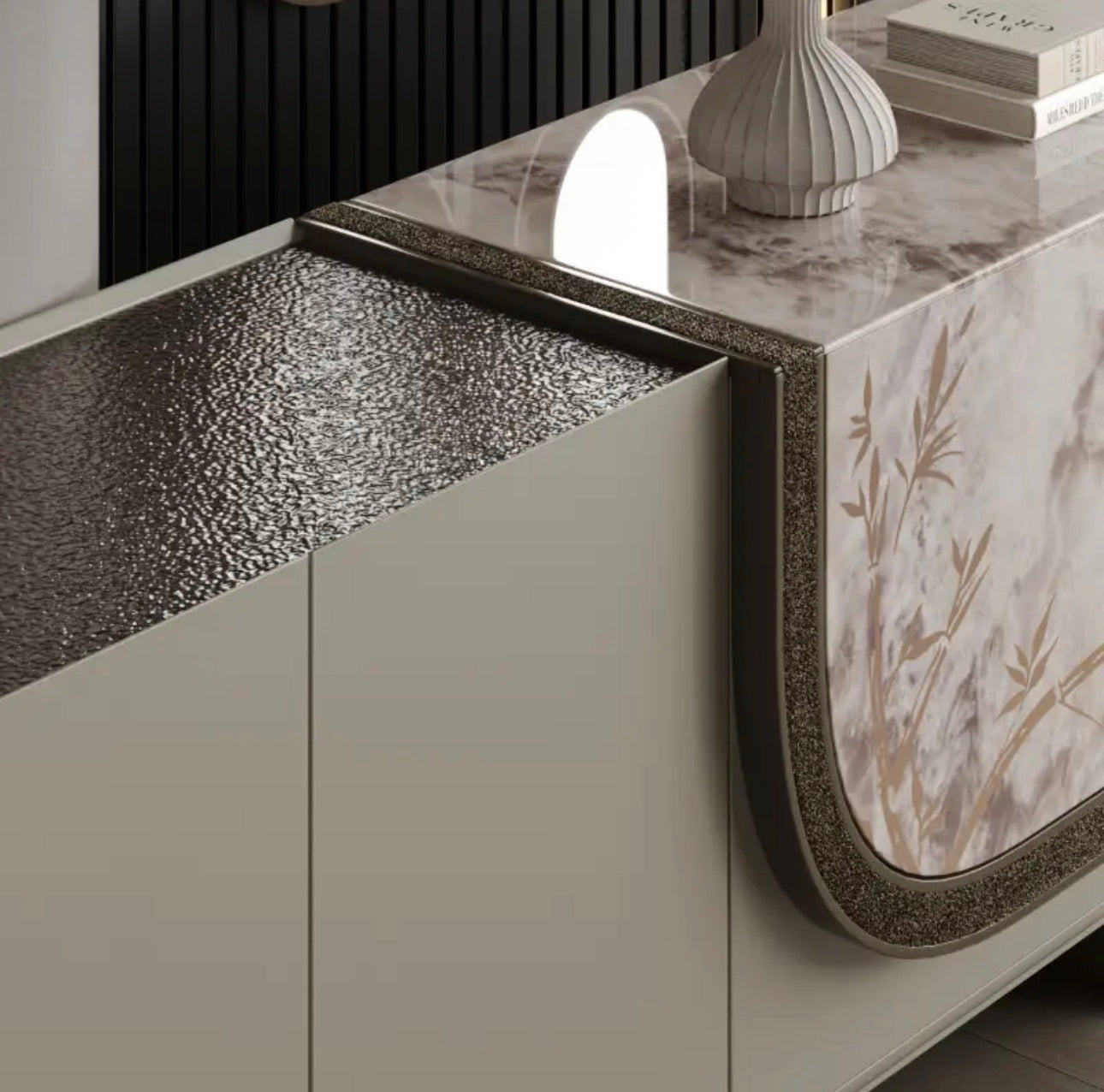 Encore luxury furniture collection featuring curved modern seating, marble console, contemporary dining table, and elegant bedroom design.