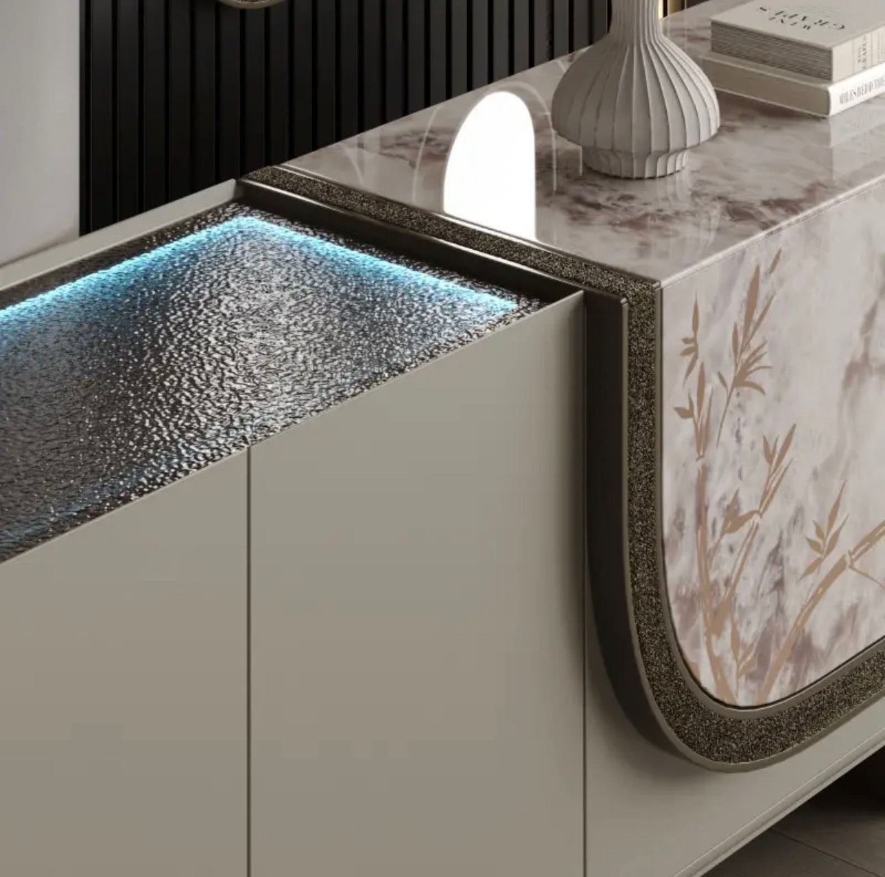 Encore luxury furniture collection featuring curved modern seating, marble console, contemporary dining table, and elegant bedroom design.