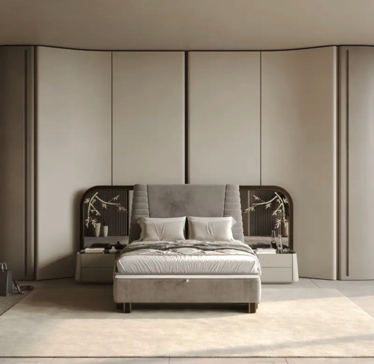 Encore luxury furniture collection featuring curved modern seating, marble console, contemporary dining table, and elegant bedroom design.