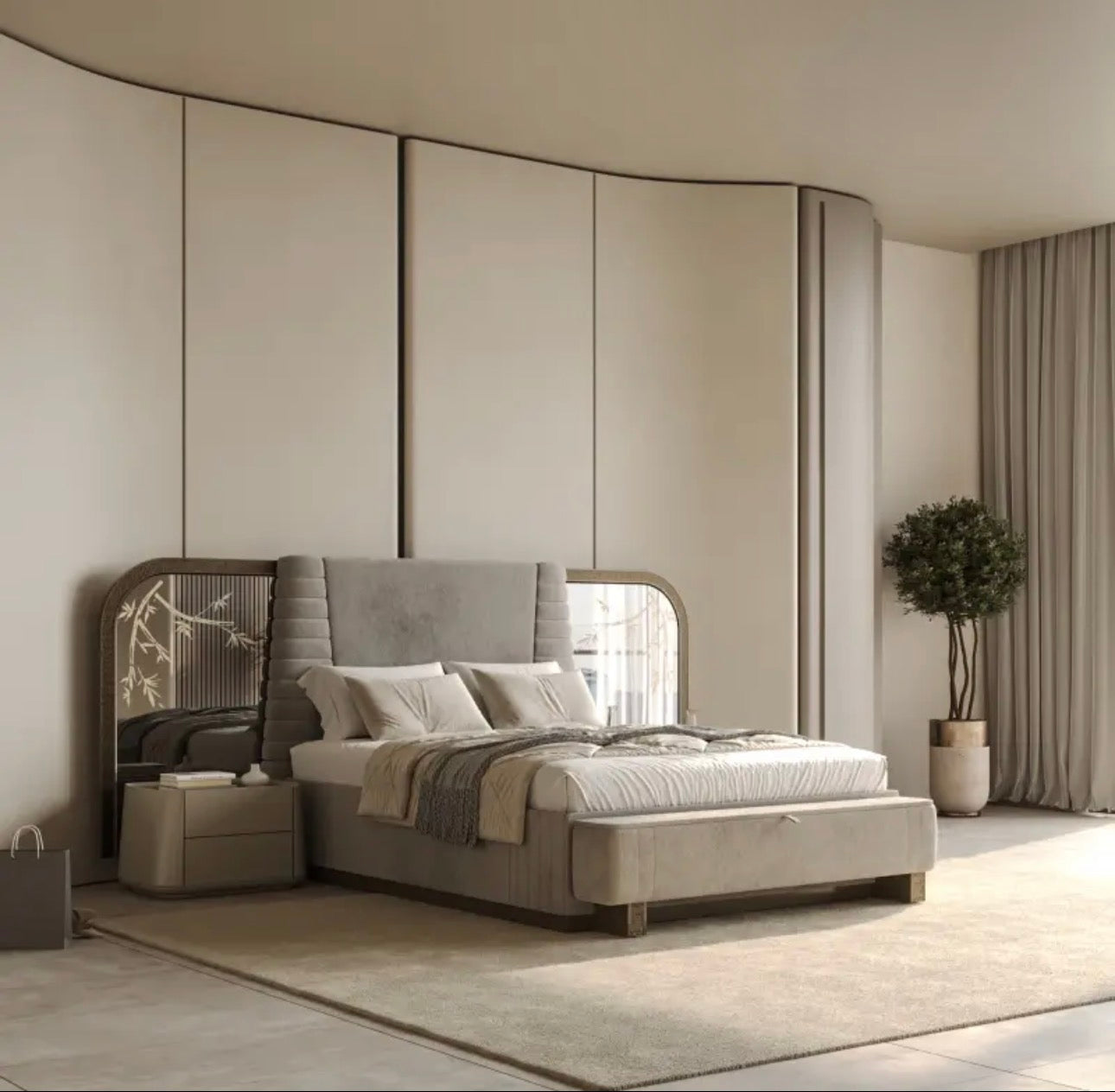Encore luxury furniture collection featuring curved modern seating, marble console, contemporary dining table, and elegant bedroom design.