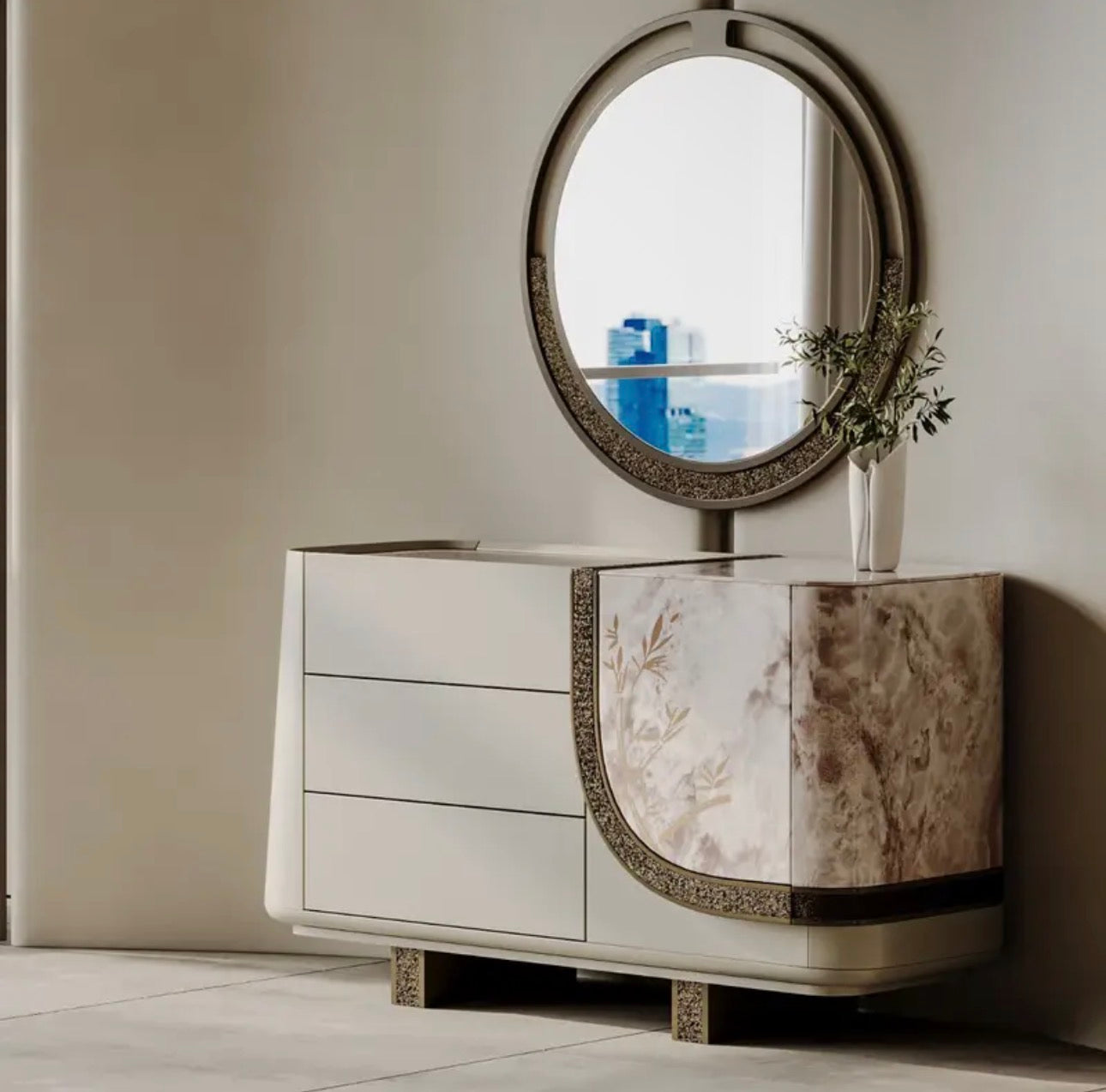 Encore luxury furniture collection featuring curved modern seating, marble console, contemporary dining table, and elegant bedroom design.