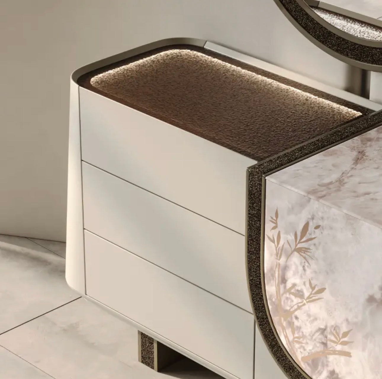 Encore luxury furniture collection featuring curved modern seating, marble console, contemporary dining table, and elegant bedroom design.