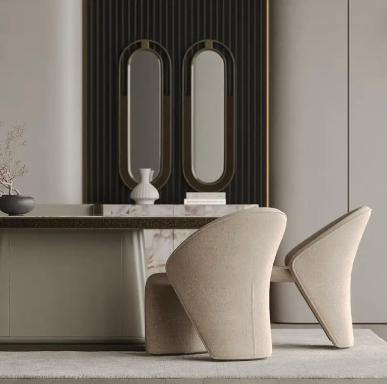 Encore luxury furniture collection featuring curved modern seating, marble console, contemporary dining table, and elegant bedroom design.