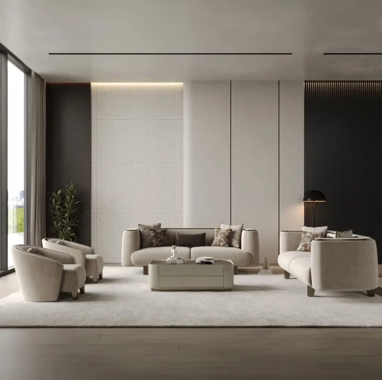 Encore luxury furniture collection featuring curved modern seating, marble console, contemporary dining table, and elegant bedroom design.