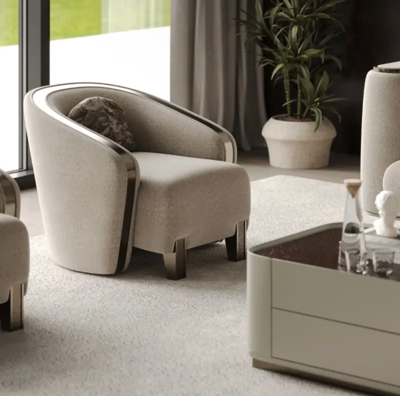 Encore luxury furniture collection featuring curved modern seating, marble console, contemporary dining table, and elegant bedroom design.