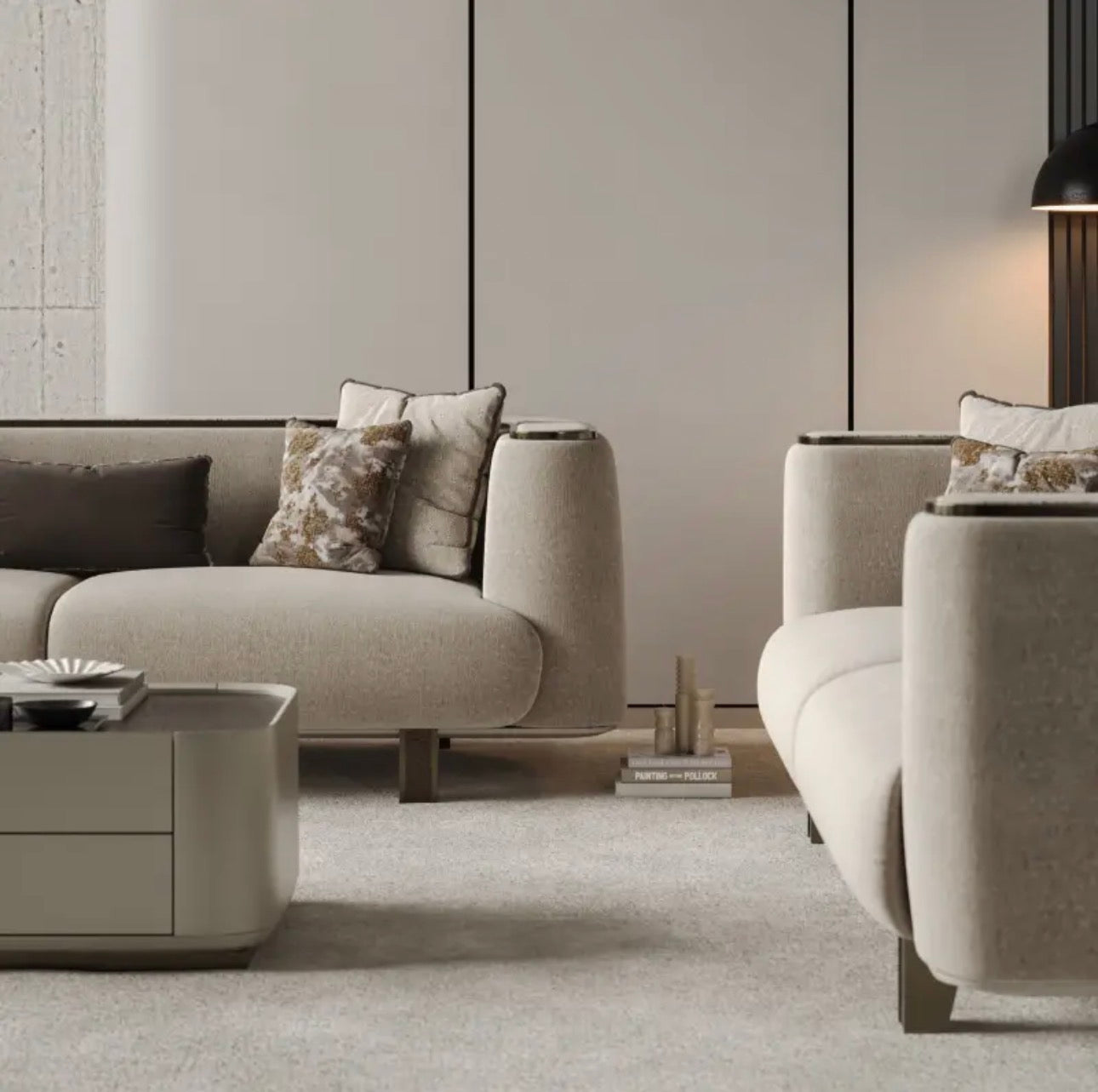 Encore luxury furniture collection featuring curved modern seating, marble console, contemporary dining table, and elegant bedroom design.