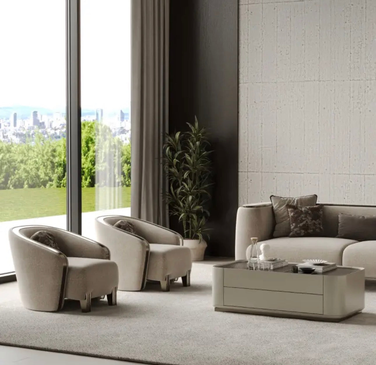 Encore luxury furniture collection featuring curved modern seating, marble console, contemporary dining table, and elegant bedroom design.