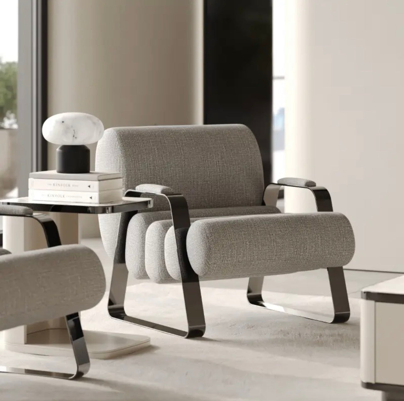 Facet modern luxury furniture collection with curved sectional seating, marble dining table, and sculptural lounge chairs.