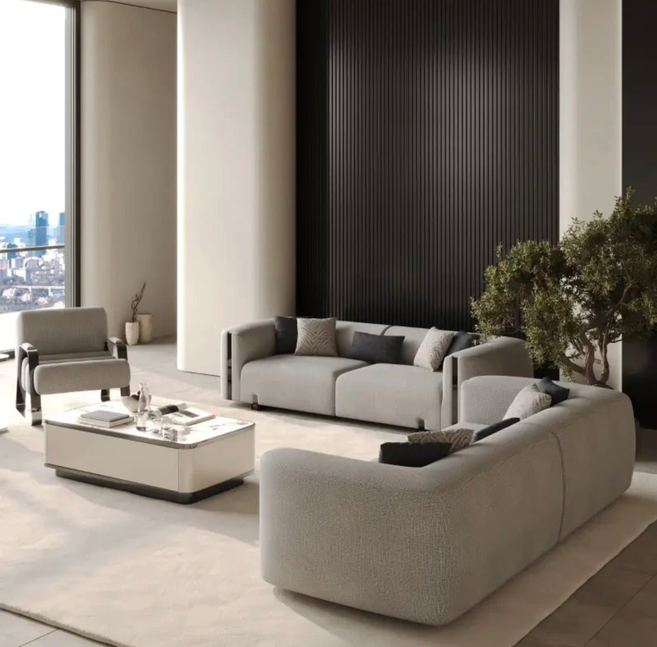 Facet modern luxury furniture collection with curved sectional seating, marble dining table, and sculptural lounge chairs.