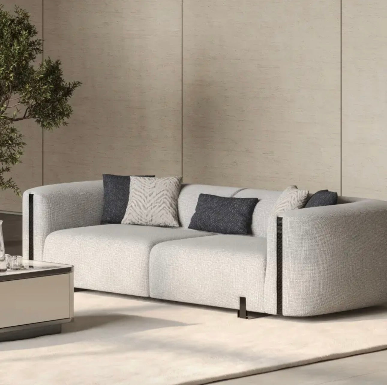 Facet modern luxury furniture collection with curved sectional seating, marble dining table, and sculptural lounge chairs.