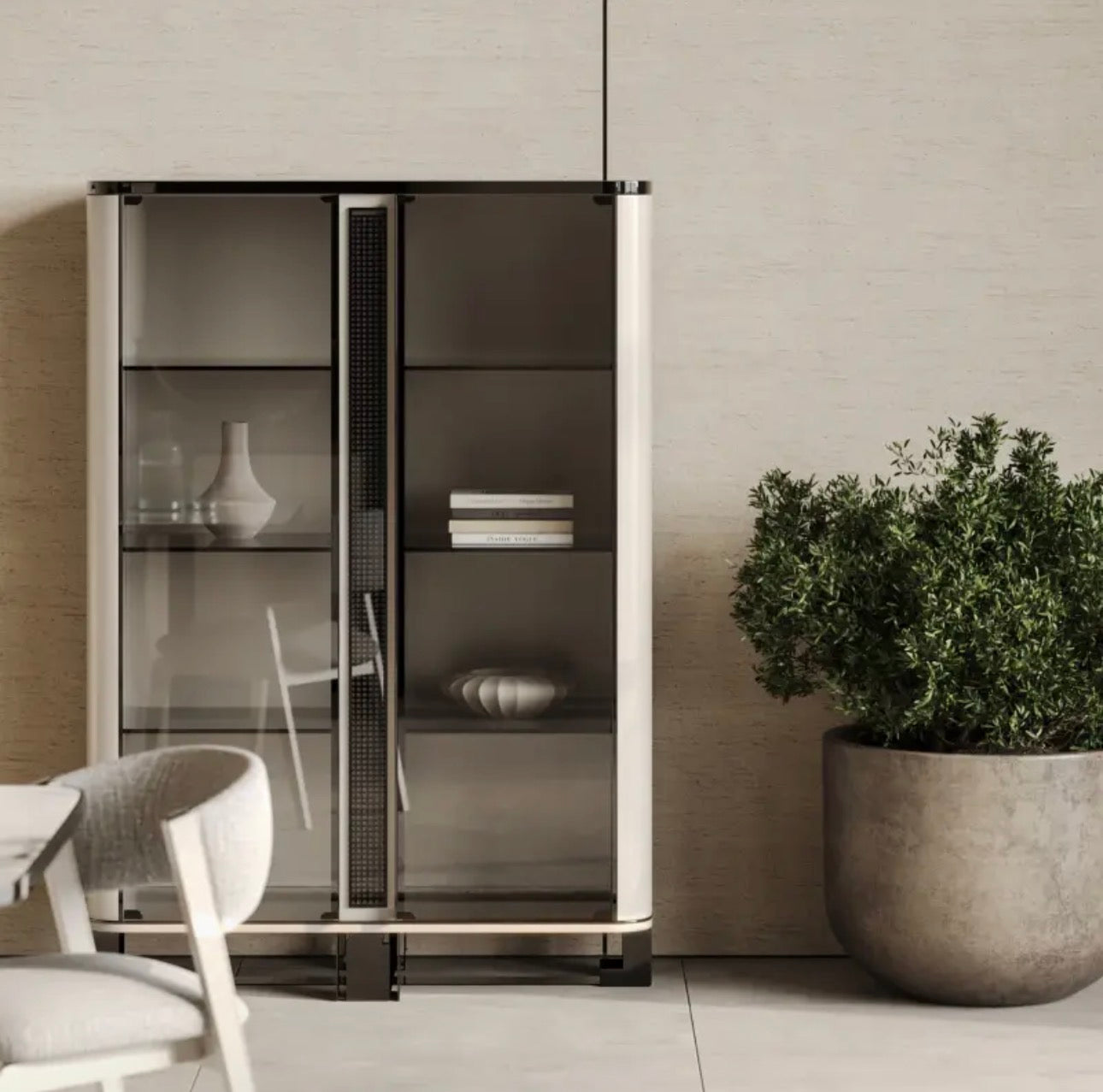 Facet modern luxury furniture collection with curved sectional seating, marble dining table, and sculptural lounge chairs.