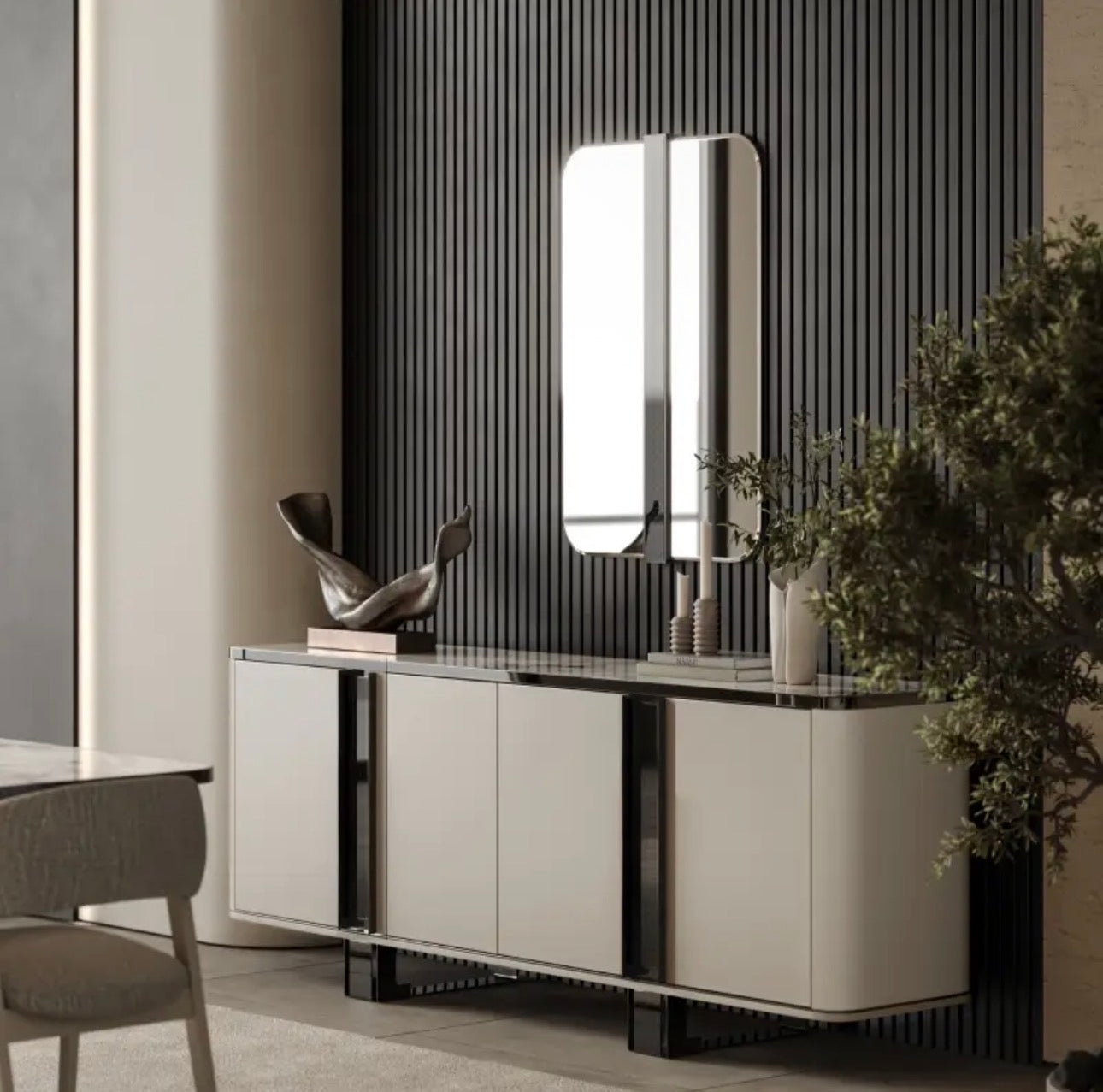 Facet modern luxury furniture collection with curved sectional seating, marble dining table, and sculptural lounge chairs.