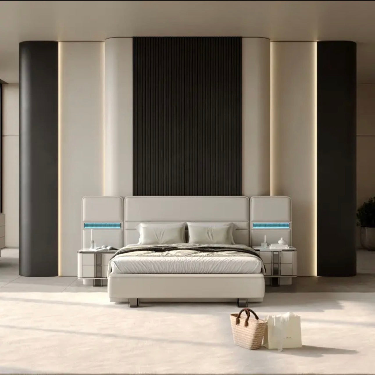 Facet modern luxury furniture collection with curved sectional seating, marble dining table, and sculptural lounge chairs.