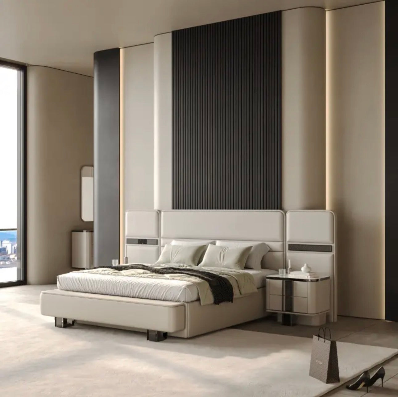 Facet modern luxury furniture collection with curved sectional seating, marble dining table, and sculptural lounge chairs.