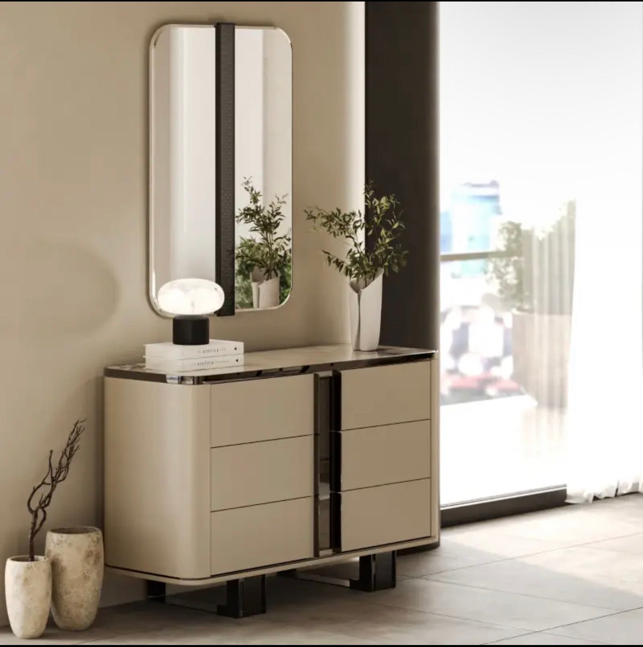 Facet modern luxury furniture collection with curved sectional seating, marble dining table, and sculptural lounge chairs.