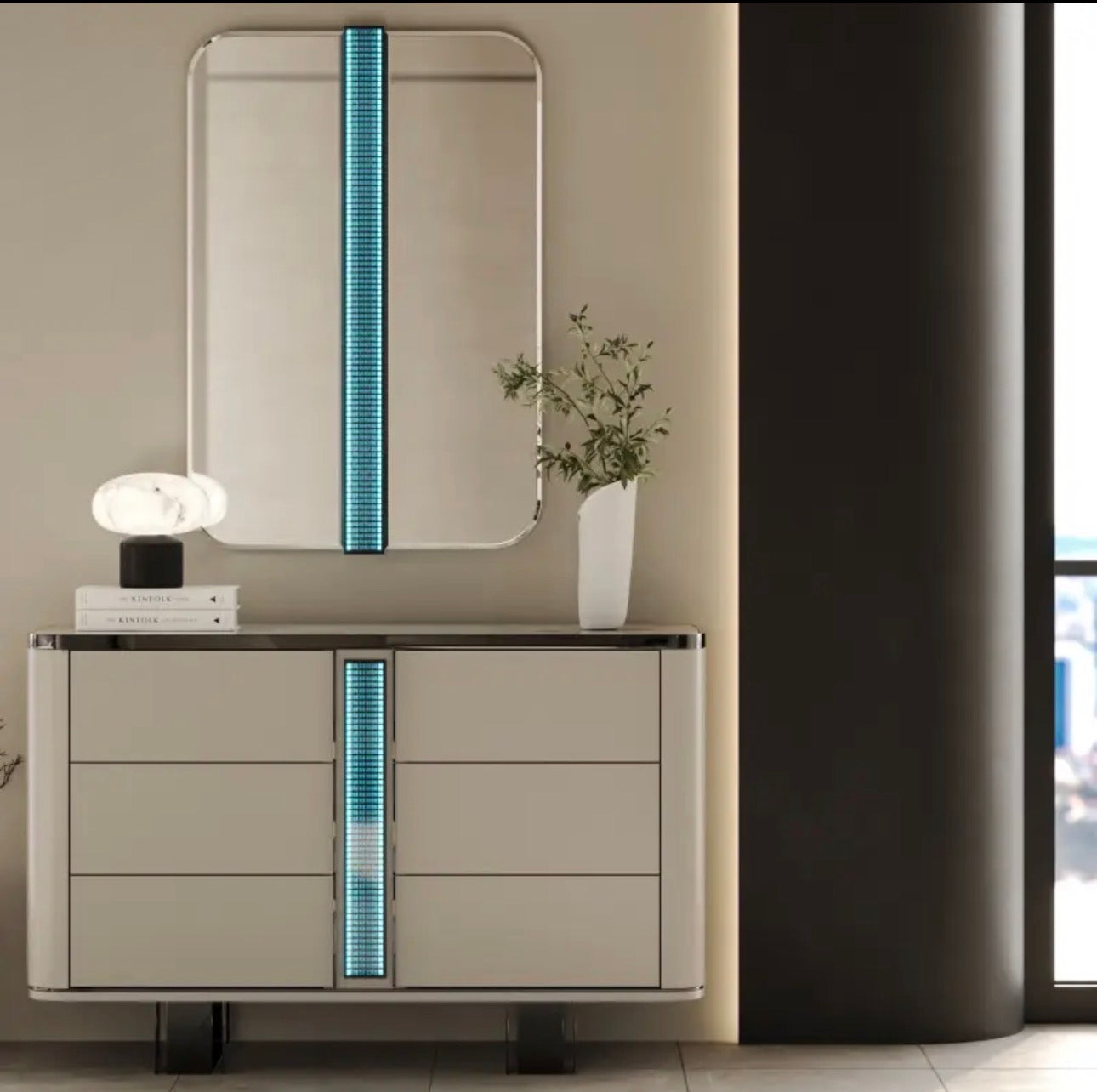 Facet modern luxury furniture collection with curved sectional seating, marble dining table, and sculptural lounge chairs.