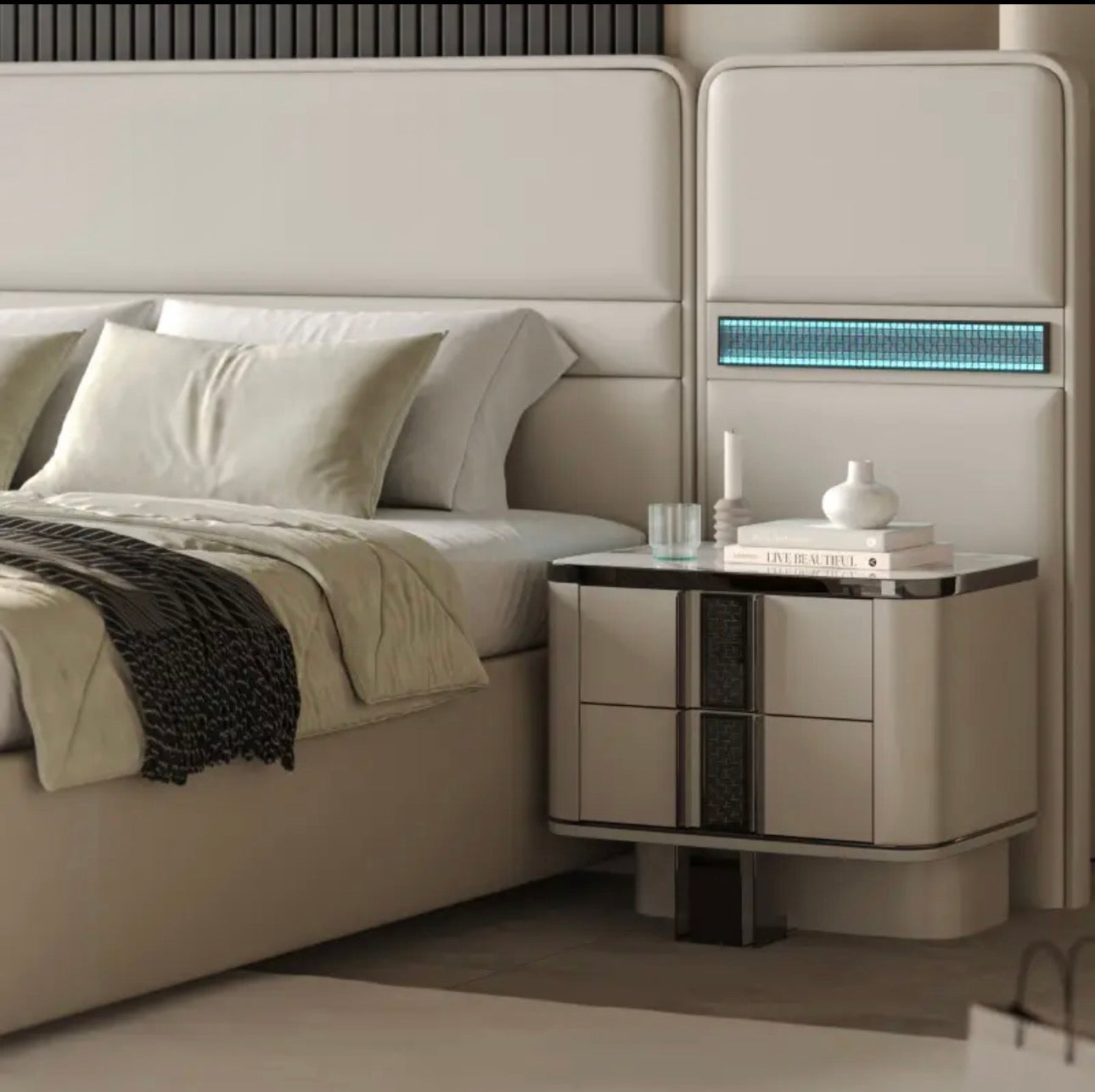 Facet modern luxury furniture collection with curved sectional seating, marble dining table, and sculptural lounge chairs.