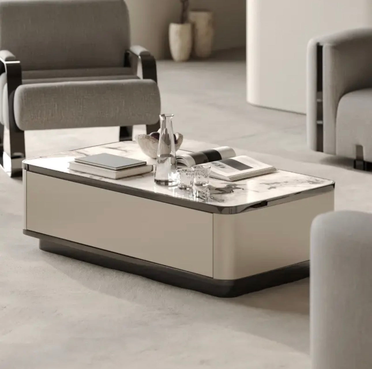 Facet modern luxury furniture collection with curved sectional seating, marble dining table, and sculptural lounge chairs.