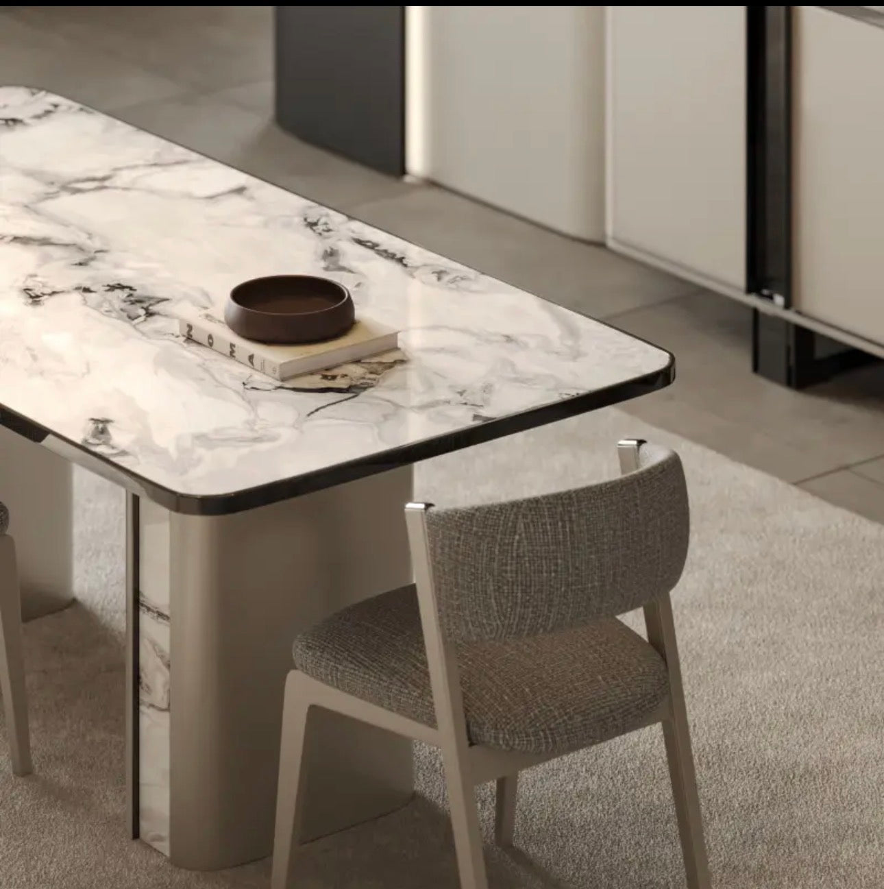 Facet modern luxury furniture collection with curved sectional seating, marble dining table, and sculptural lounge chairs.