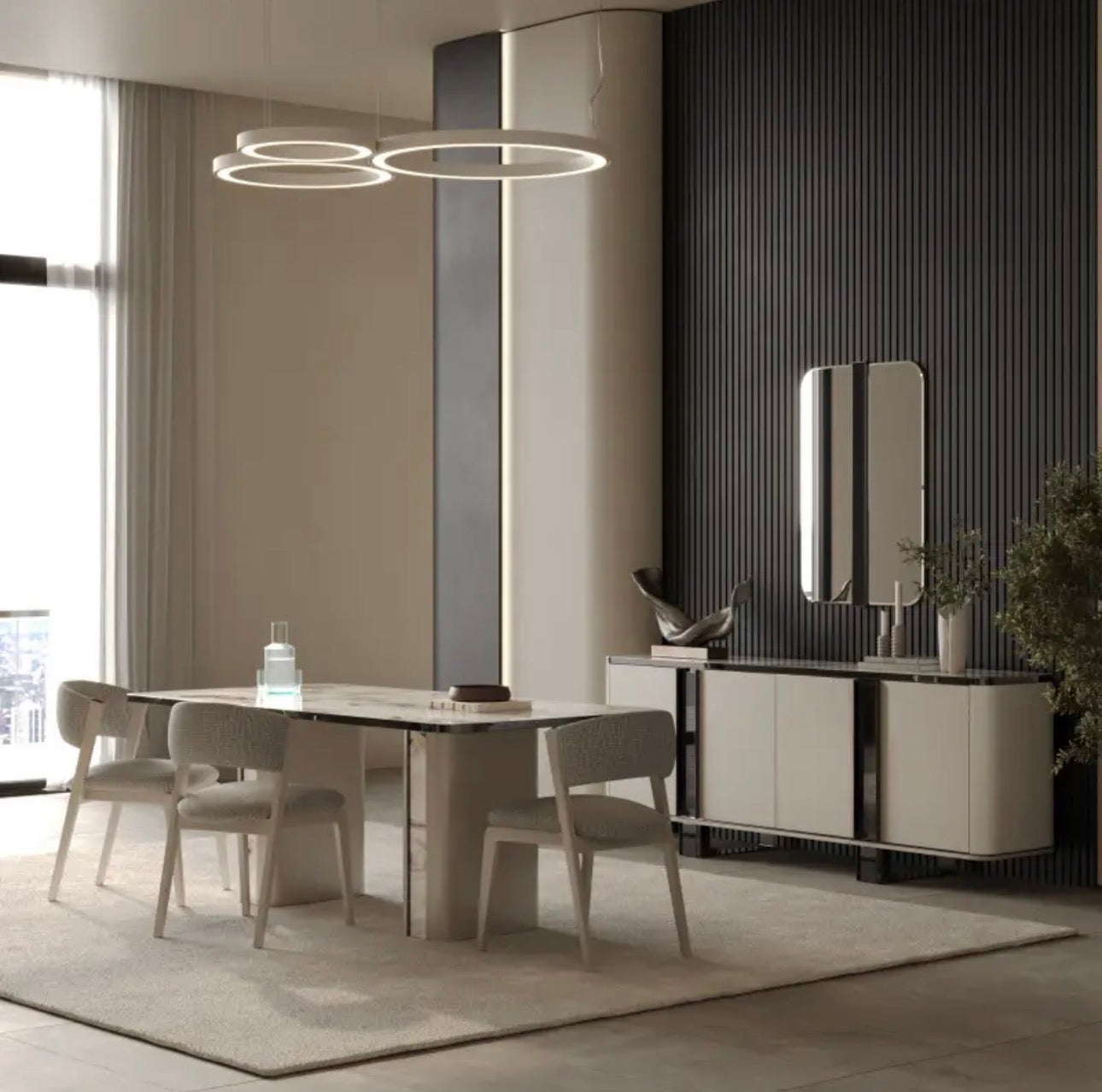 Facet modern luxury furniture collection with curved sectional seating, marble dining table, and sculptural lounge chairs.