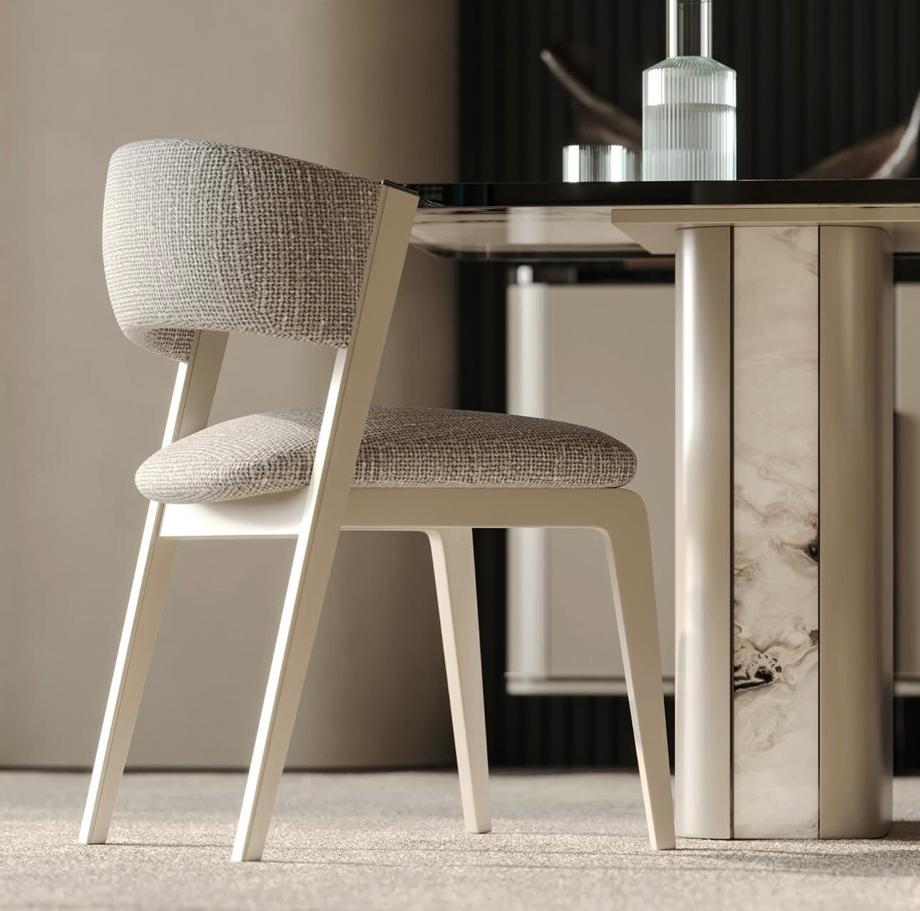 Facet modern luxury furniture collection with curved sectional seating, marble dining table, and sculptural lounge chairs.