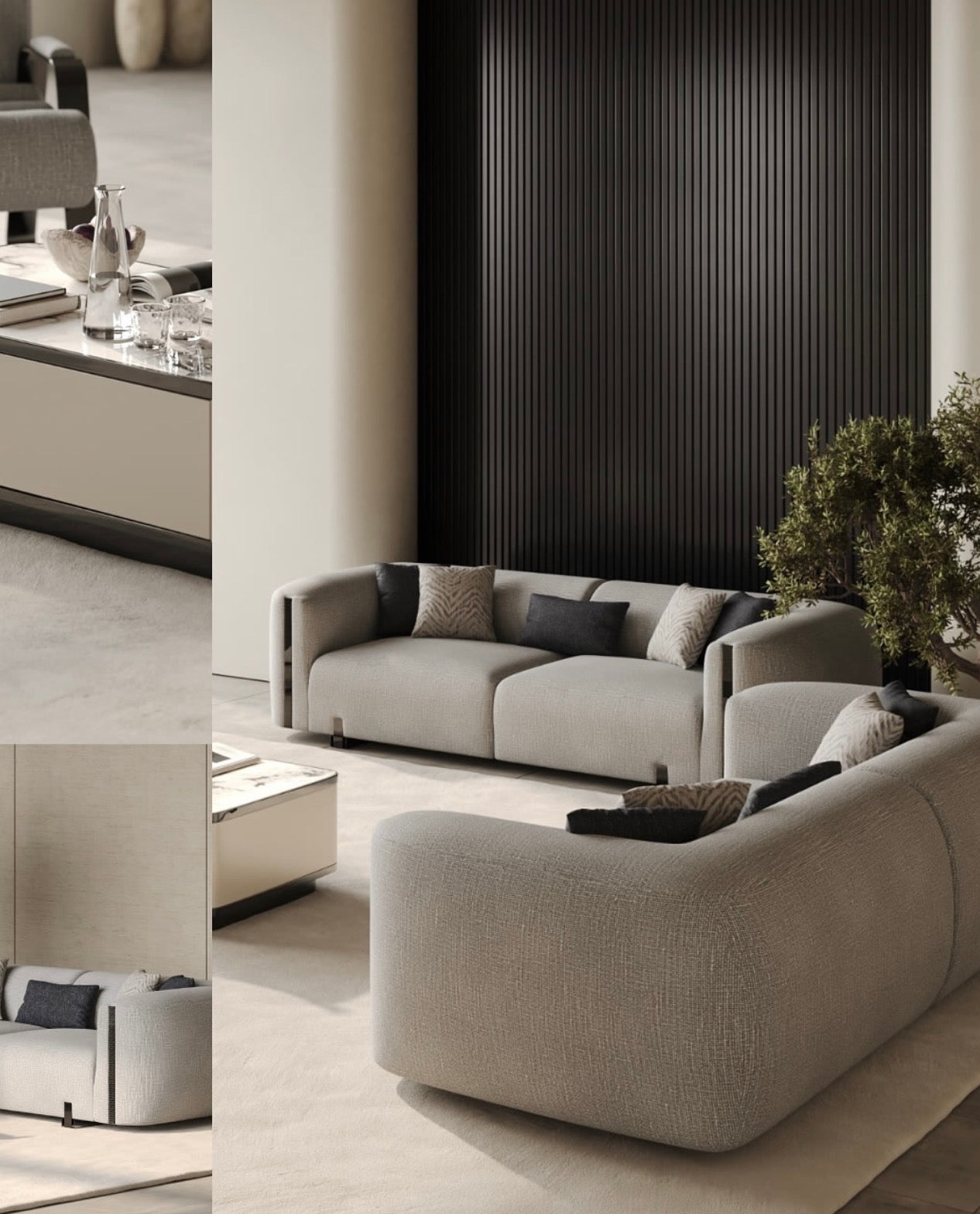 Facet modern luxury furniture collection with curved sectional seating, marble dining table, and sculptural lounge chairs.