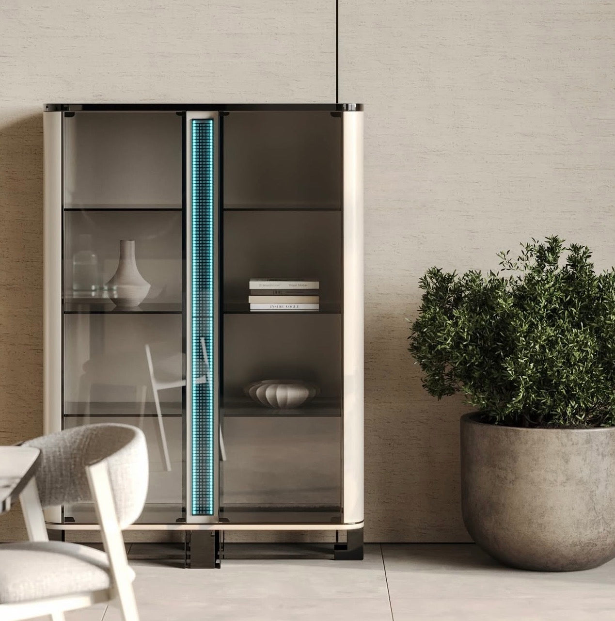 Facet modern luxury furniture collection with curved sectional seating, marble dining table, and sculptural lounge chairs.