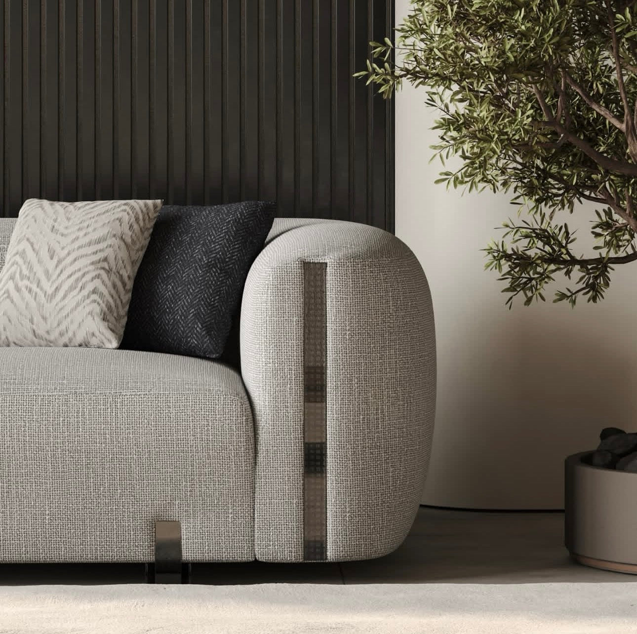 Facet modern luxury furniture collection with curved sectional seating, marble dining table, and sculptural lounge chairs.