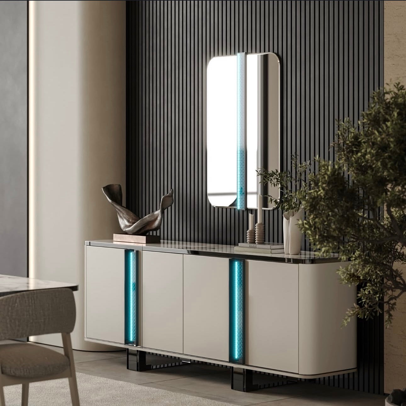 Facet modern luxury furniture collection with curved sectional seating, marble dining table, and sculptural lounge chairs.