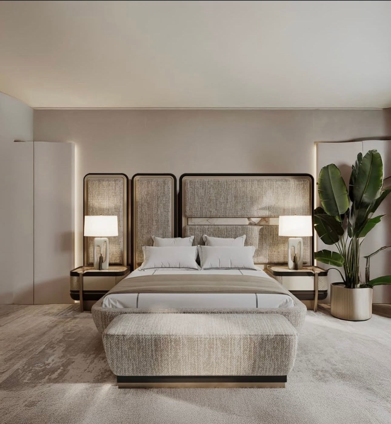 Cinder luxury bedroom collection featuring upholstered bed, modern vanity, neutral nightstands, and contemporary wardrobe system.