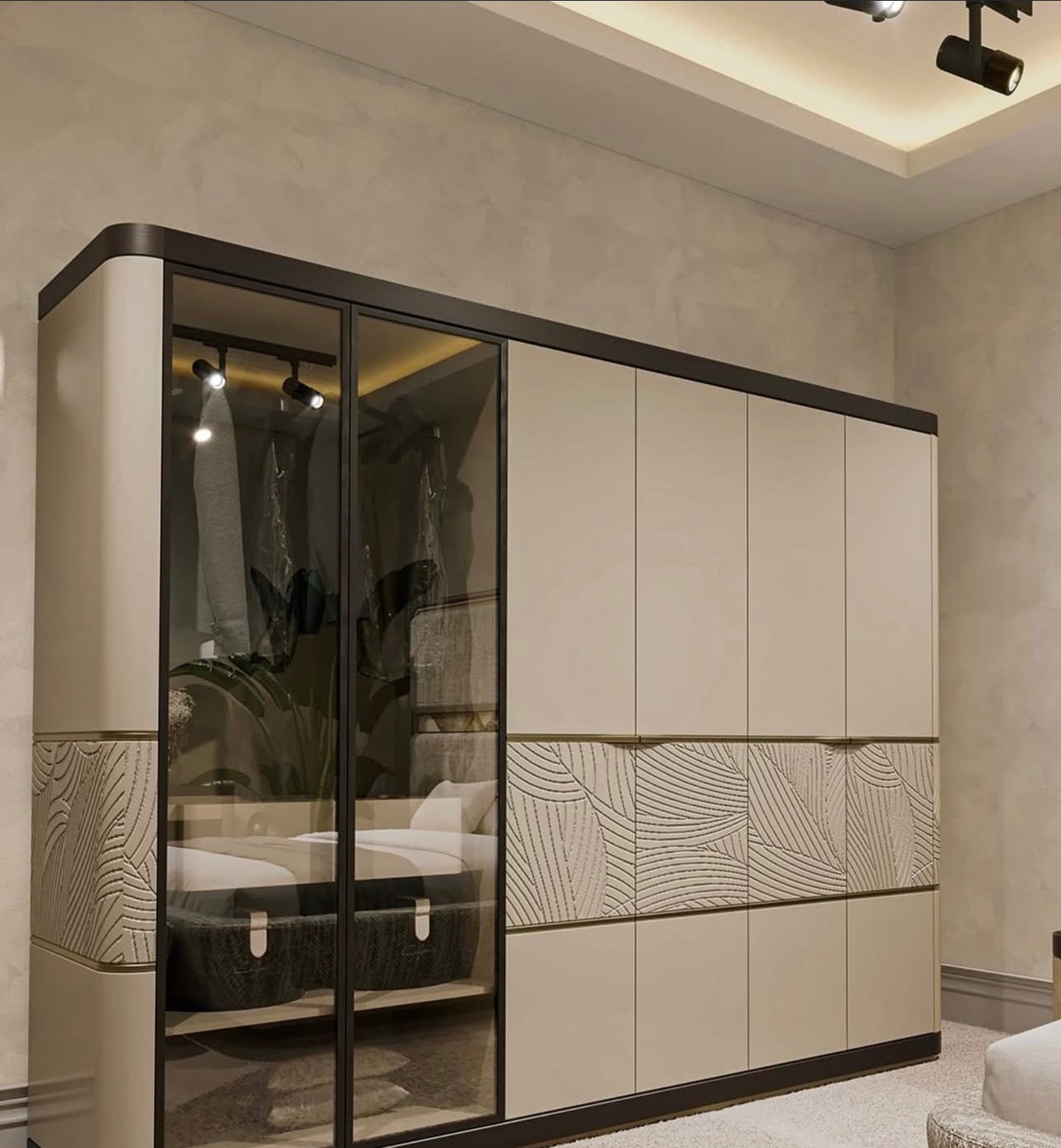 Cinder luxury bedroom collection featuring upholstered bed, modern vanity, neutral nightstands, and contemporary wardrobe system.