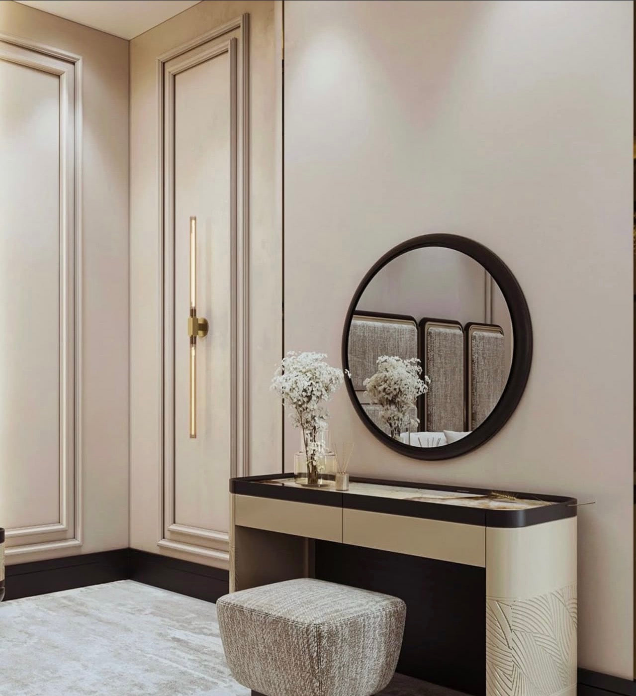 Cinder luxury bedroom collection featuring upholstered bed, modern vanity, neutral nightstands, and contemporary wardrobe system.