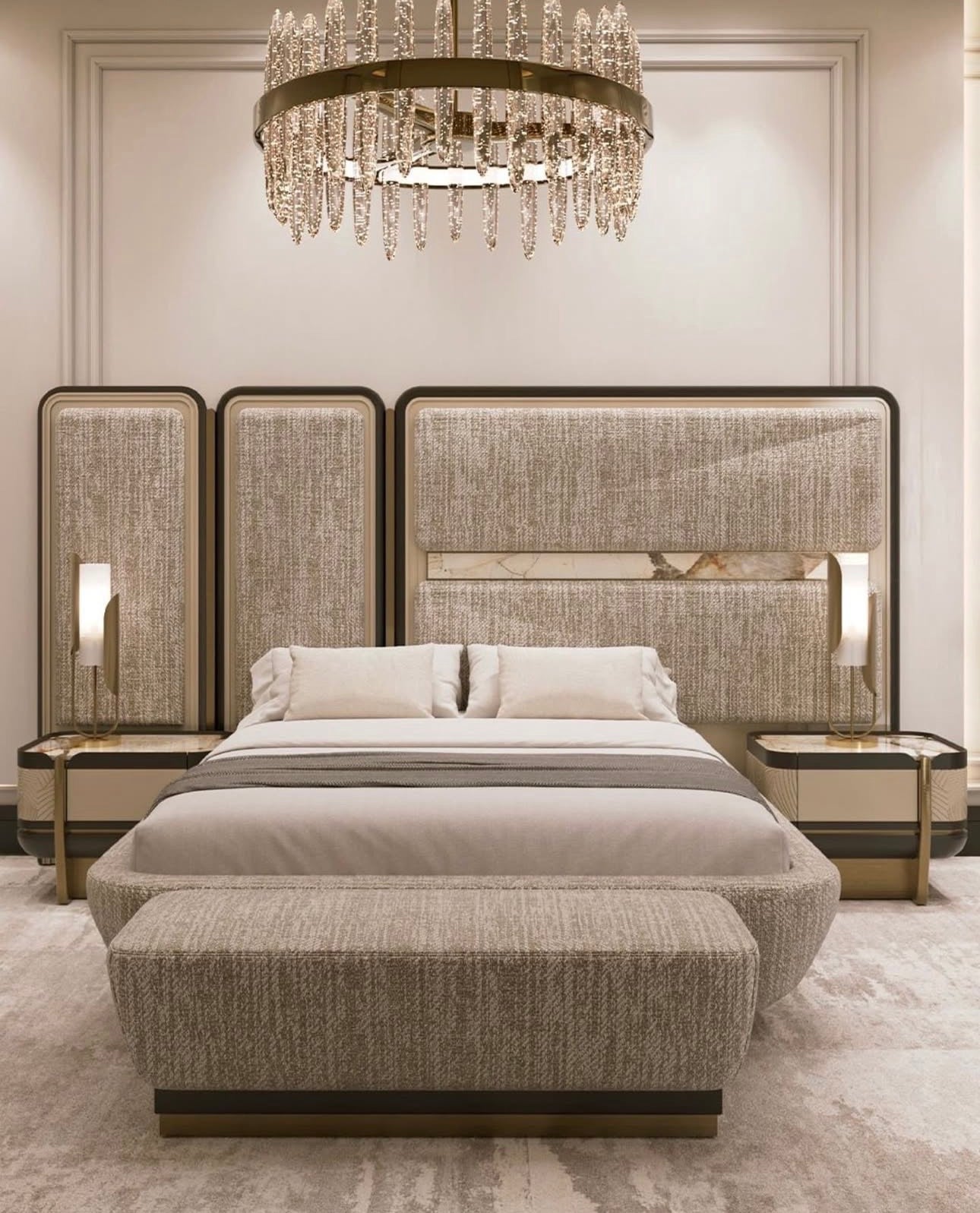 Cinder luxury bedroom collection featuring upholstered bed, modern vanity, neutral nightstands, and contemporary wardrobe system.