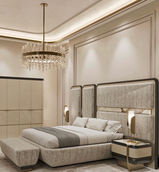 Cinder luxury bedroom collection featuring upholstered bed, modern vanity, neutral nightstands, and contemporary wardrobe system.